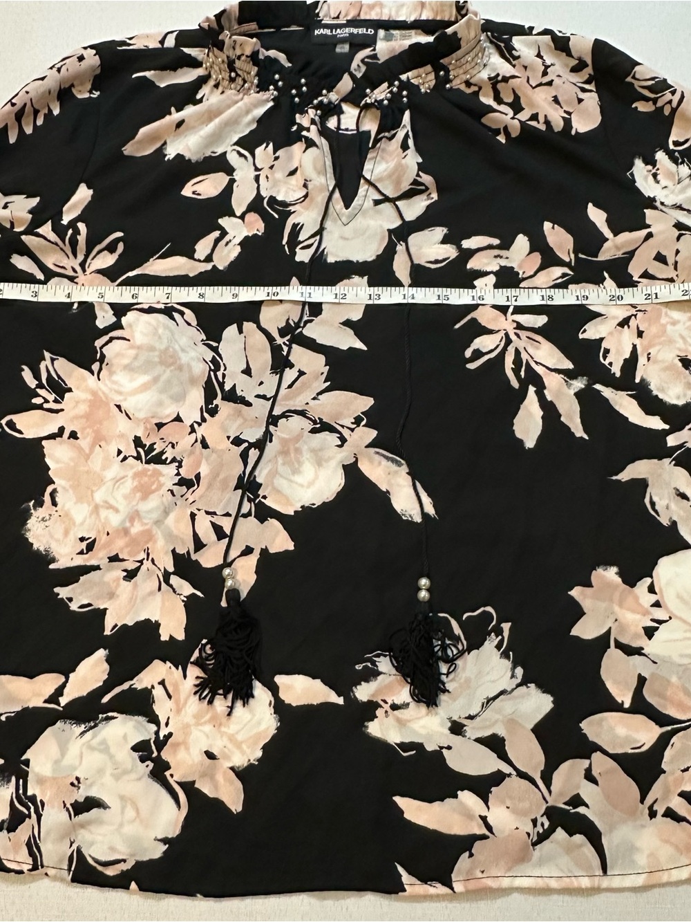 Karl Lagerfeld Paris Floral Pearl Embellished Tassel Blouse XL - Picture 8 of 15